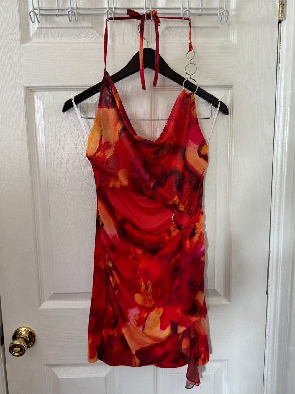 Red Tie-Dye Mesh Cowl Halter Mini Dress